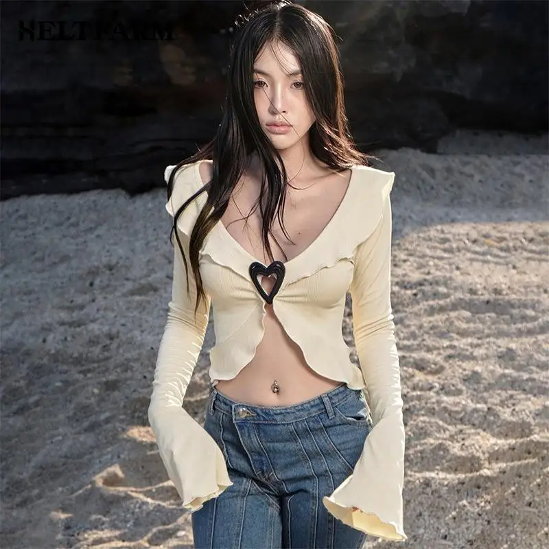 Y2k Girl Ruffle Sexy V-neck Women Blouses Long Sleeve Crop Tops Sweet Hollow Out Elegant Slim T-shirts