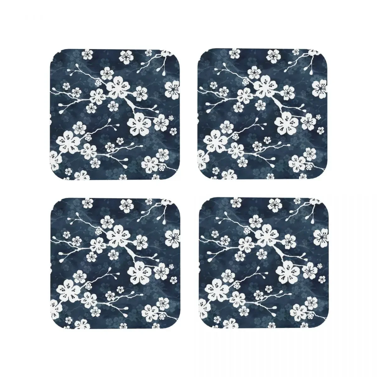 Navy And White Cherry Blossom Pattern Coasters Coffee Mats Set of 4 Placemats Tableware Decoration & Accessories Pads for Home