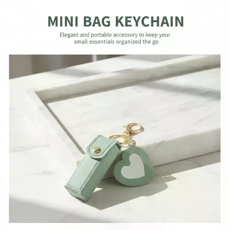Fashion Storage Portable Leather Lipstick Keyring Mini Bag Keychain Protective Cover With Mirror Girl Key Ring Chain Women Gift