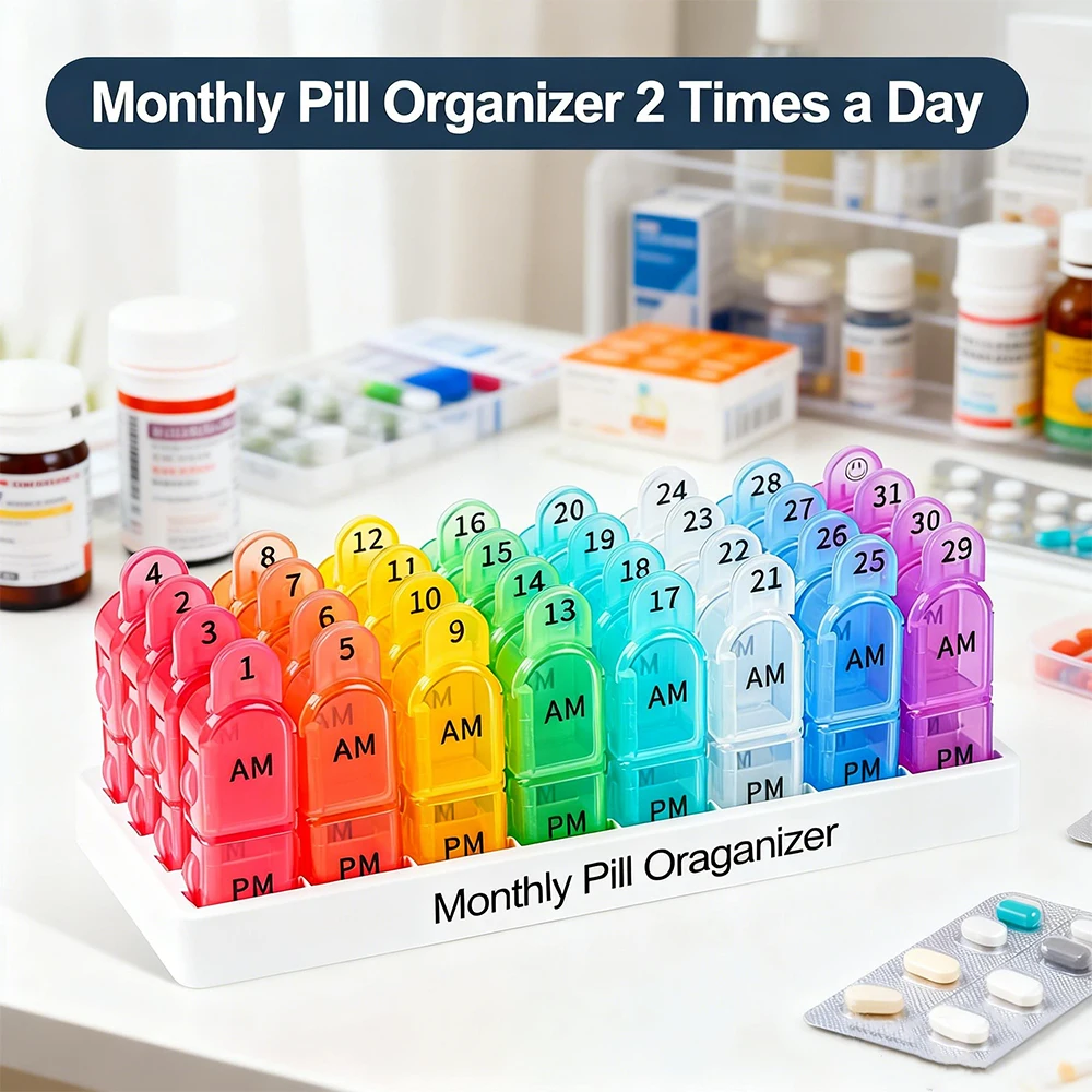 

Monthly AM/PM Pill Organizer 2 Times a Day 2nd Gen 30/31-Day Pill Box with Secure Lids, BPA-Free & Sensor-Friendly Design