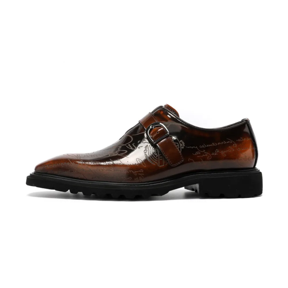 Genuine Full Grain Leather Handmade Glossy Mens Business Formal Leather Shoes British Pointed Toe Casual Buckle Dress Shoes