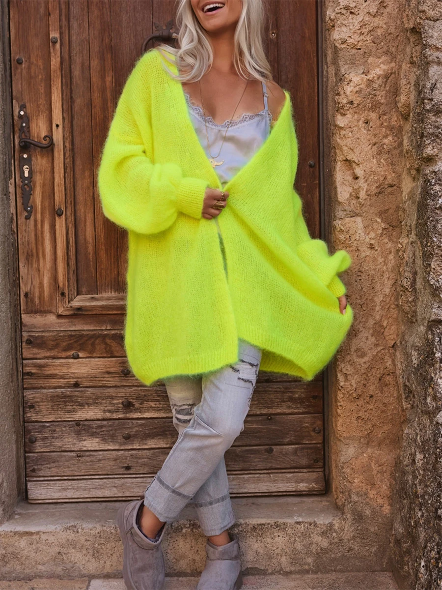 New Fashion Women Autumn Winter Sweater Cardigan Solid Color Open Front Long Sleeve Plush Knitwear Hot Sale S-XL