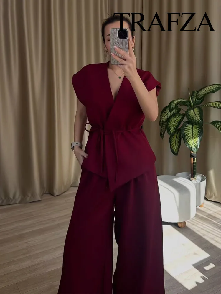 

TRAFZA Women 2 Piece Set Elegant V-Neck Belt Decorate Slim Vests Top+High Waist Zipper Button Casual Loose Long Pants 5 Colors
