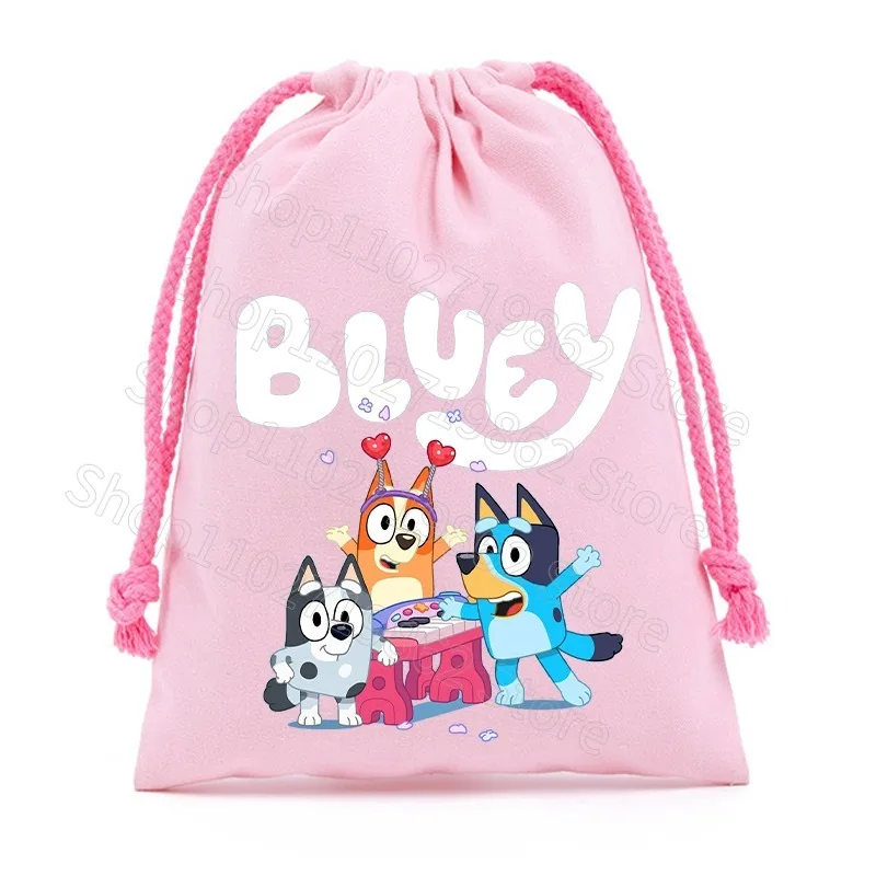 Bluey-Bolsa de almacenamiento portátil de algodón con estampado gráfico de dibujos animados, bolsa pequeña con bolsillos y cordón para regalos de fiesta de cumpleaños, Bingo