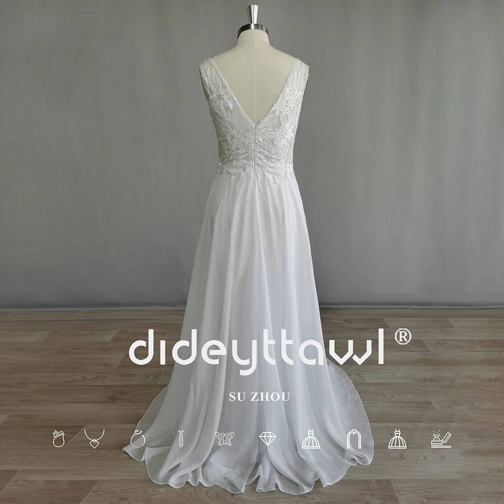 DIDEYTTAWL Boho V-neck Appliques A-LINE Floor Length Chiffon Wedding Dress Sexy Backless Floor Length Bridal Gown