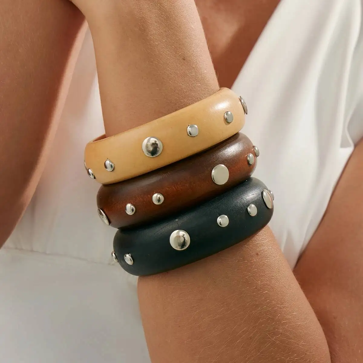 

3 Styles Vintage Wooden Round Wide Bangle Bracelet for Women Bohemian Geometry Smooth Stacked Chunky Bangle Party Jewelry