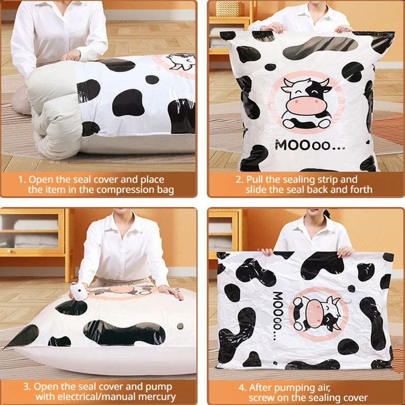 1/4 Pcs Thickened Pc Vacuum Storage Bag, Cow Pattern, Closet Space Saving 75%, Clothing Luggage Special Bag, Space Saver Bags