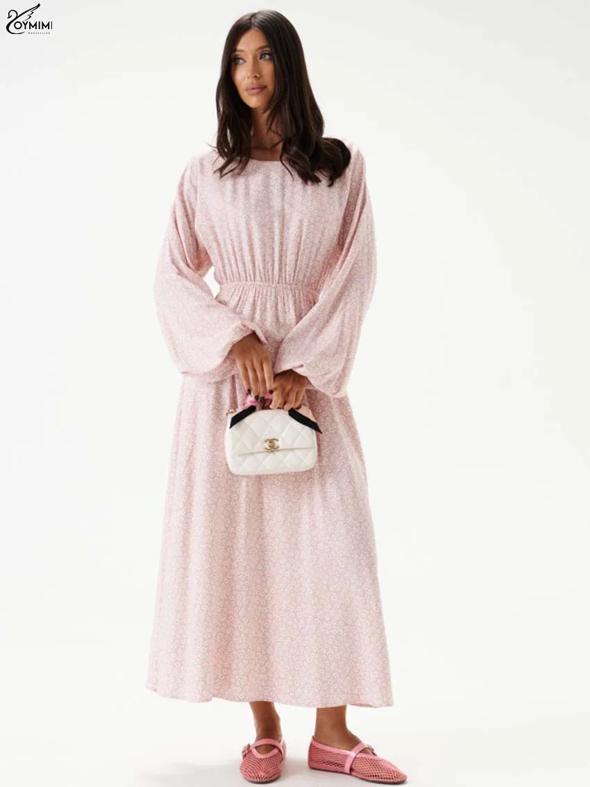 

Oymimi Elegant Pink Print Dresses 2025 Woman Casual O-Neck Long Sleeve Open Back Dresses Fashion New High Waisted Mid-Calf Dress
