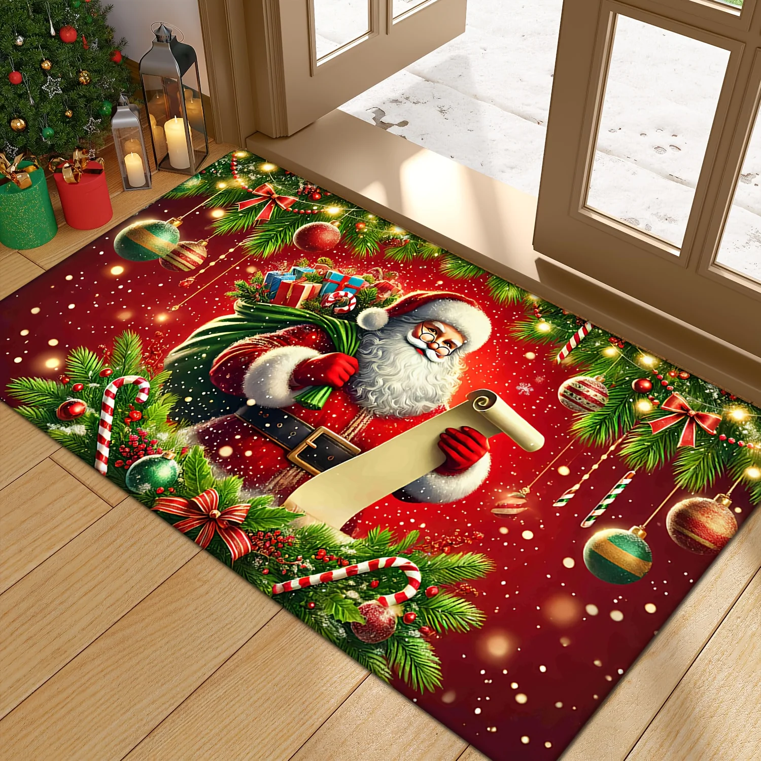

Праздничный коврик Санта-Клауса, нескользящий полиэстер, который можно стирать в машине, устойчивый к выцветанию коврик с низким ворсом для домашнего декора в нескольких комнате