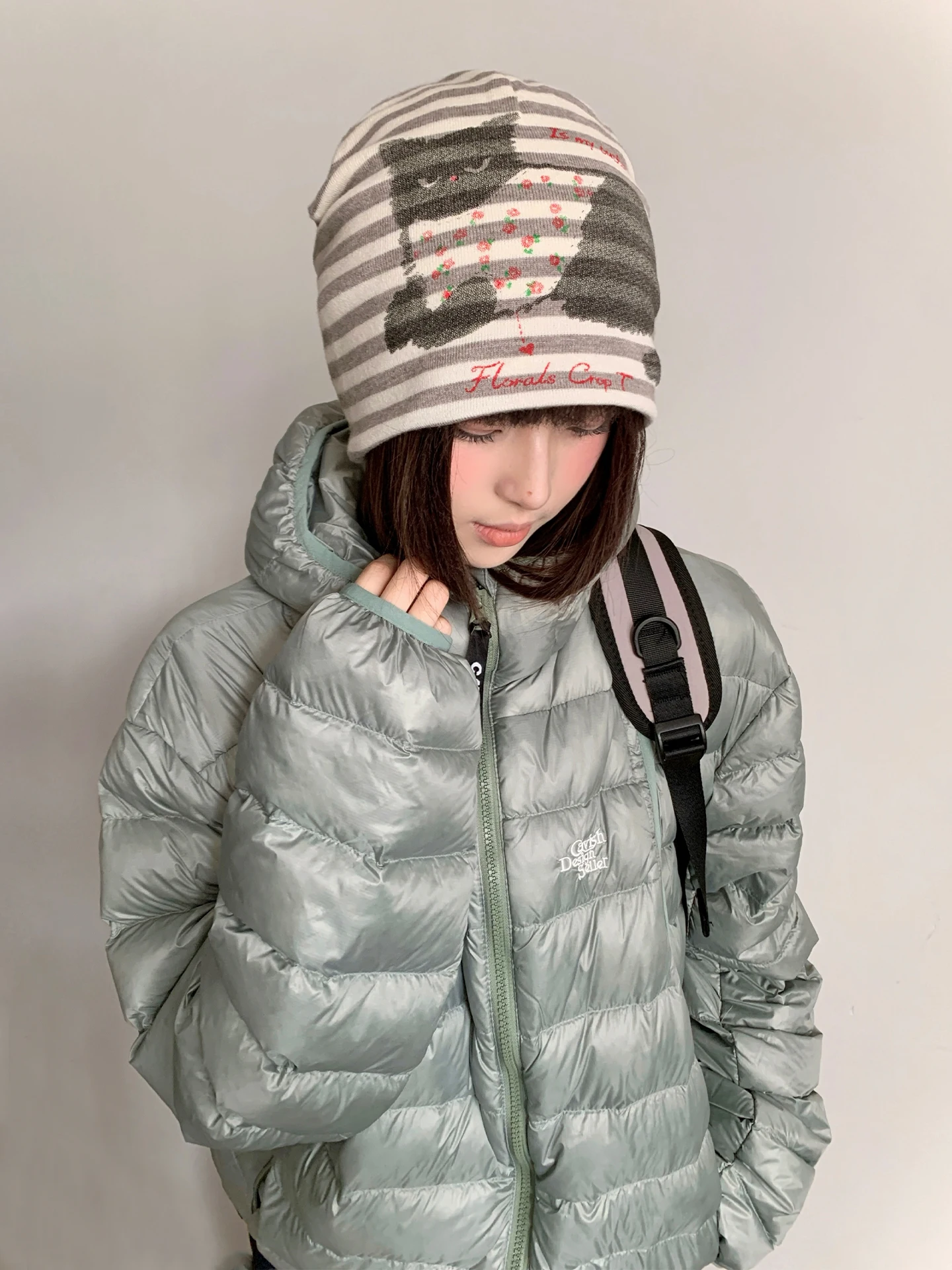 Korean Style Cute Striped Cat Floral Print Slouchy Beanie Autumn Beanie Breathable Knitted Skull Cap