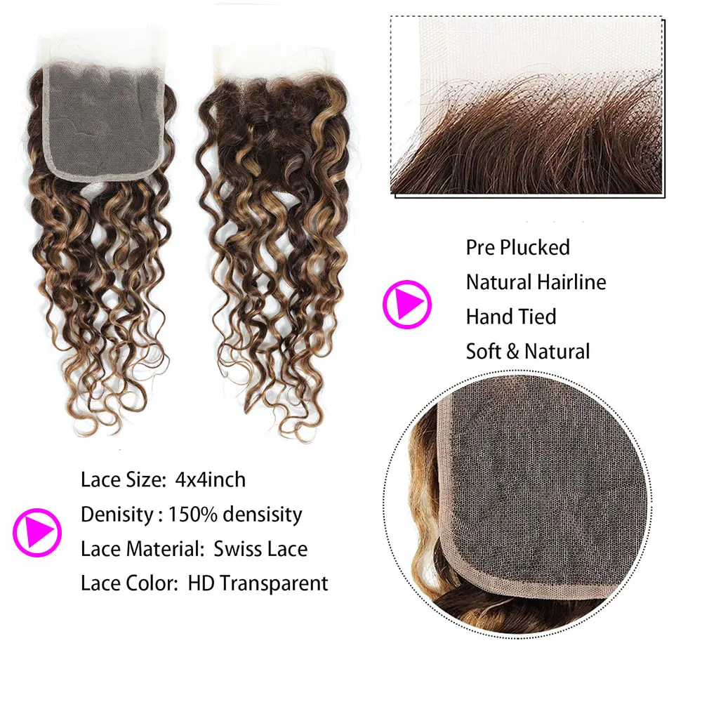 Llinhua Water Wave 13x4 Transparent Lace Frontal Highlight P4/27 4x4  5x5 Lace Clsoure Human Hair Ombre Brown Honey Blonde Color