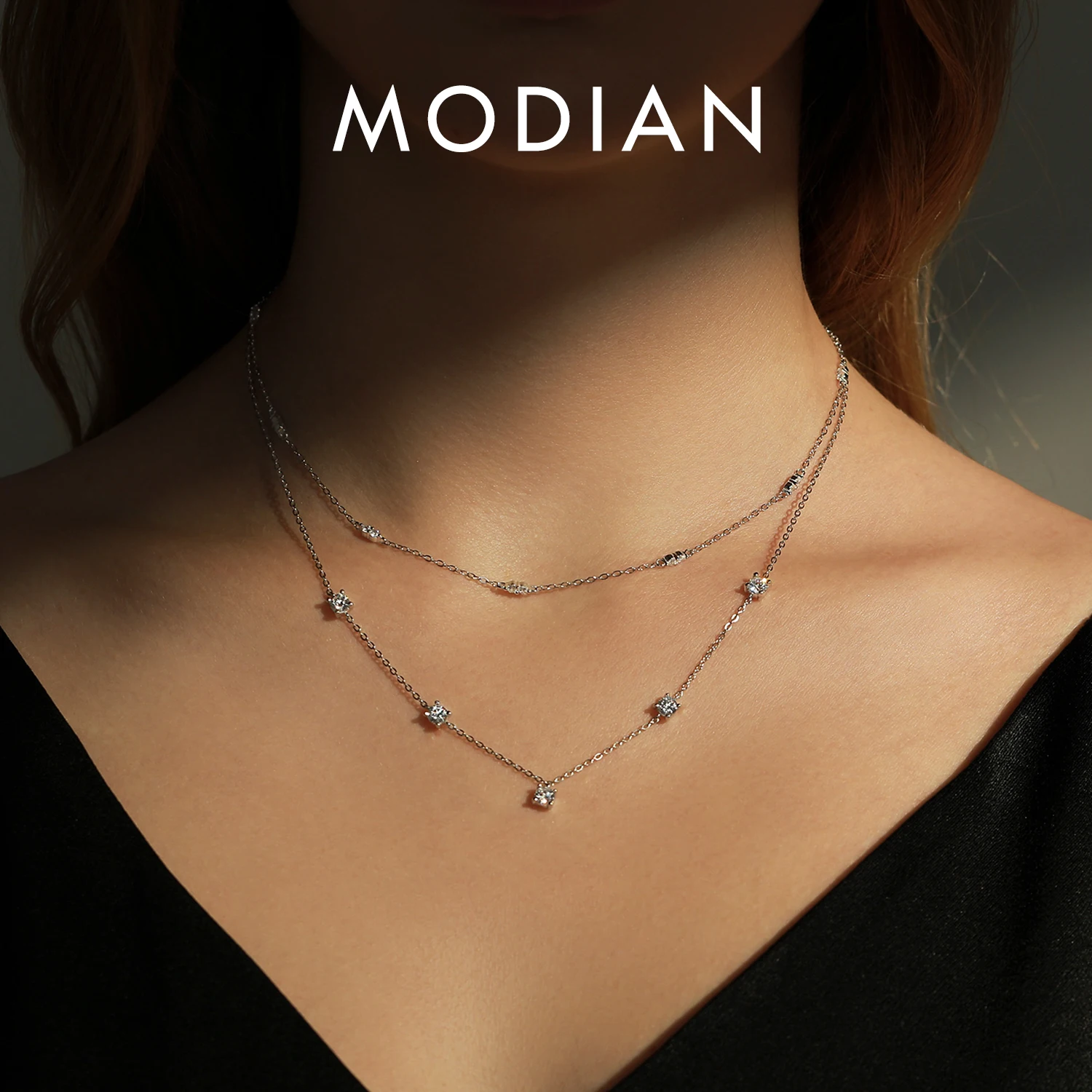 

MODIAN 925 Sterling Silver Sparkling CZ Stackable Necklace For Women Choker Link Chain Charm Necklace Fine Jewelry Gift