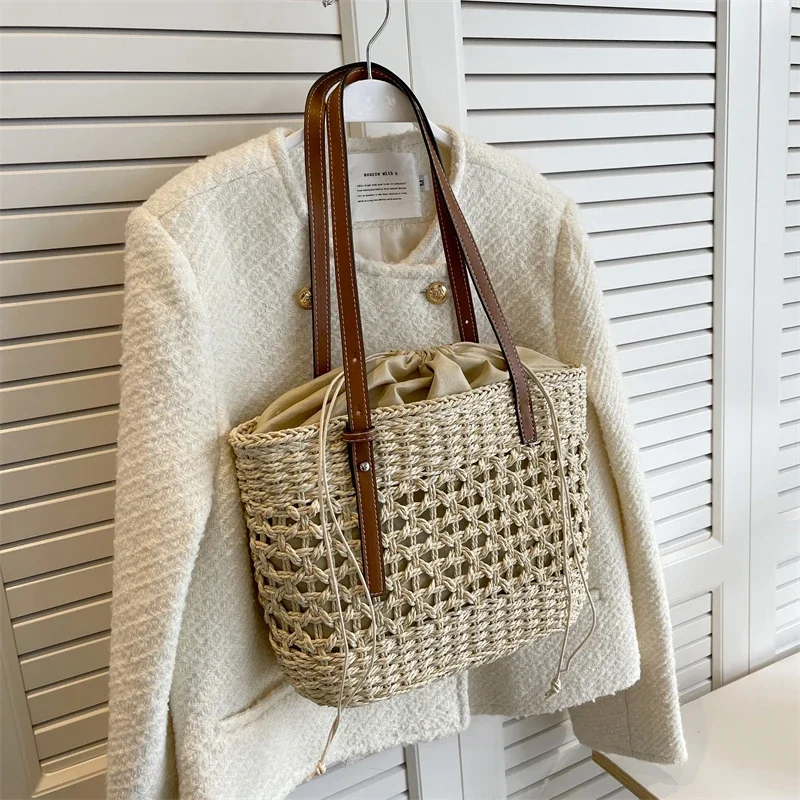 Large Straw Bucket Bag for Women 2024 Summer Trendy Weave Brand Beach Basket Top Handle Handbags Fashion Simple Shoulder Bags