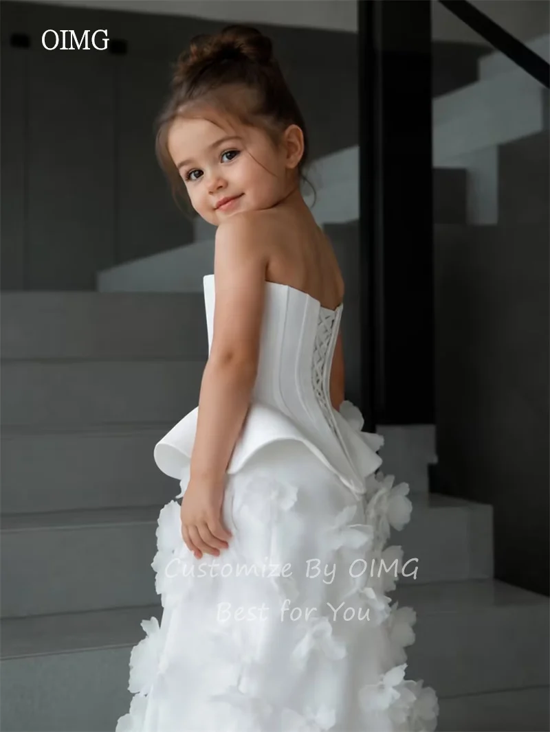 OIMG Ivory Strapless 3D Flower Girl Dresses A Line Wedding Party Dress Floor Length Birthday Dress فساتين بناCustomized