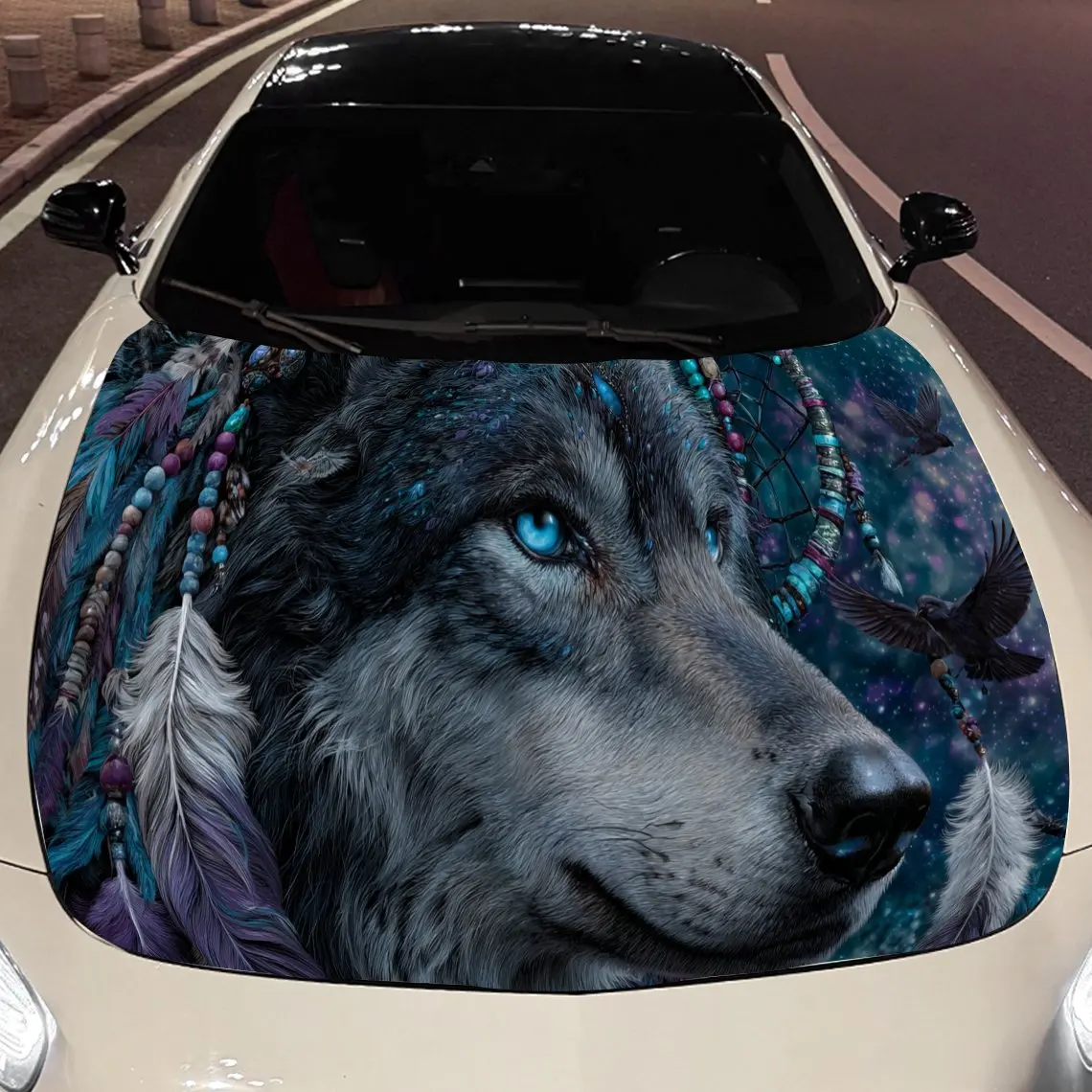 Mystical Wolf with Feathers Car Engine Hood Sticker, Auto Vinyl Wraps, Waterproof Self-adhesive Vehicle Decal, Durable & Anti-sc