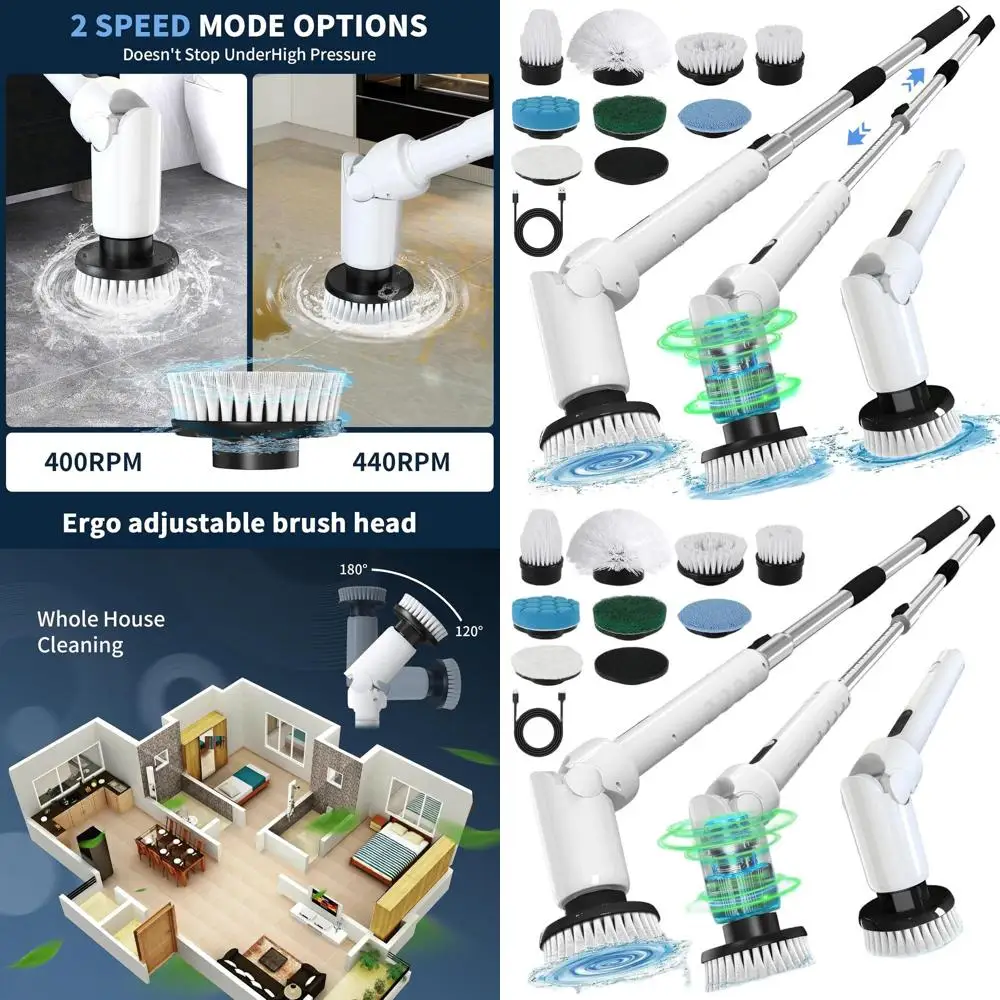 

Беспроводная вращающаяся щетка-скруббер с цифровым дисплеем, 2 скорости, 8 насадок, водонепроницаемая, с регулируемой ручкой для уборки дома и автомобиля