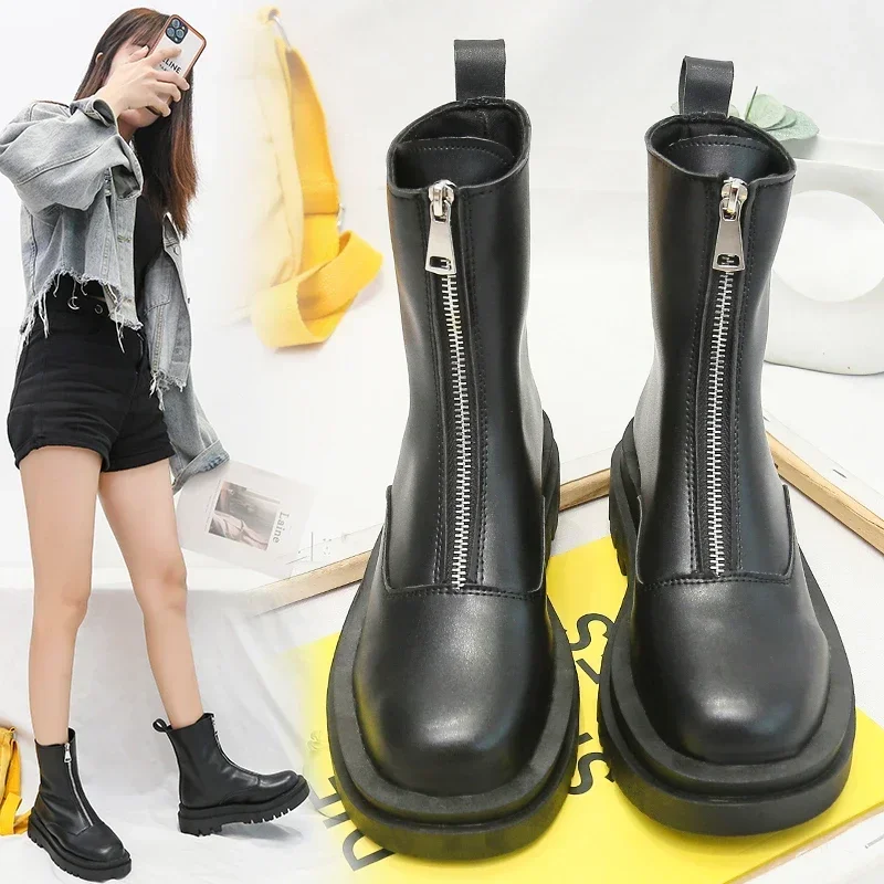 

Women's Front Zipper Fashion Boots Round Head Square Heel Waterproof Platform Womens Shoes Retro Middle Follow Solid Color 2024