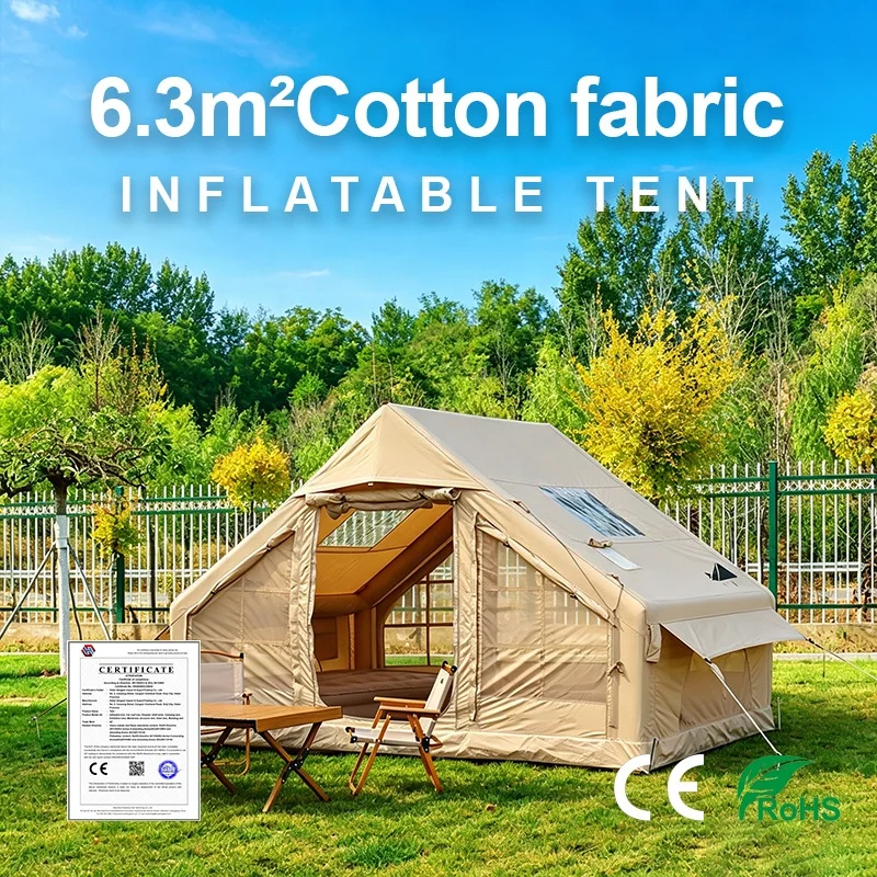 Factory Direct 6.3m² Breathable Cotton Canvas Inflatable Tent Quick Setup Luxury Glamping Tent for Backyard Outdoor Camping
