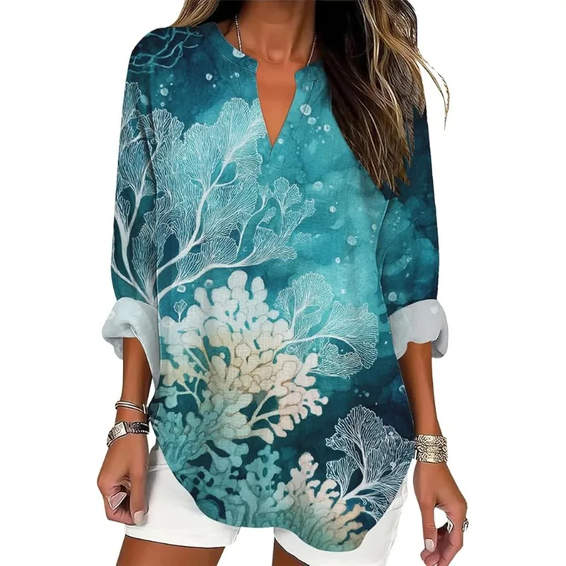 

Elegant and fashionable women's shirt, casual loose long-sleeved women's shirt, printed temperament flower button top