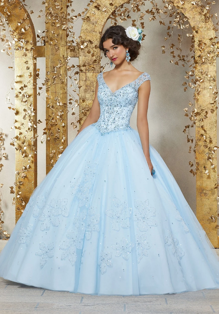 Robe de Quinceanera bleu ciel personnalisée, robe de Rh, mancherons, paillettes perlées, robe mexicaine Sweet 16, robe éducative de 15 ans, 2024, YQD101