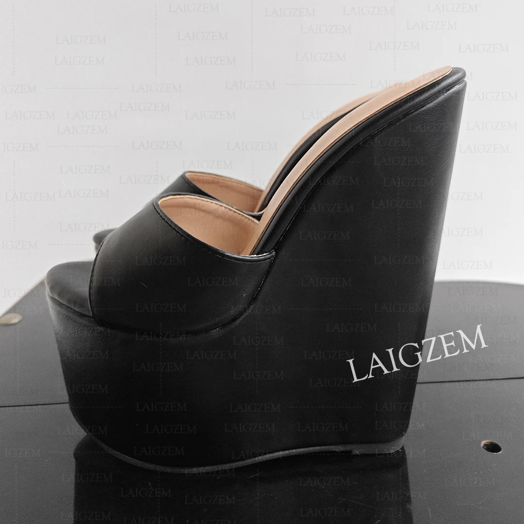 LAIGZEM Women Platform Wedges High Heels Slip On 17CM High Heel Faux Leather Handmade Ladies Shoes Woman Plus Size 39 41 45 47