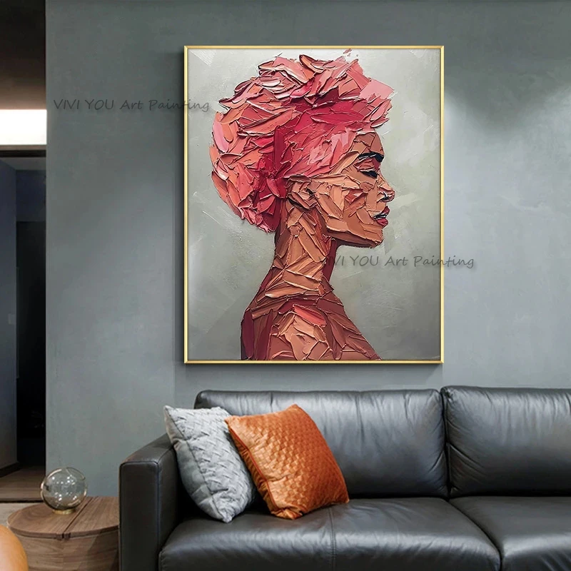 Handmade Pink Afro Woman Portrait Large Knife Oil Painting Abstract On Canvas Square Modern Staircase Wall Decor Art