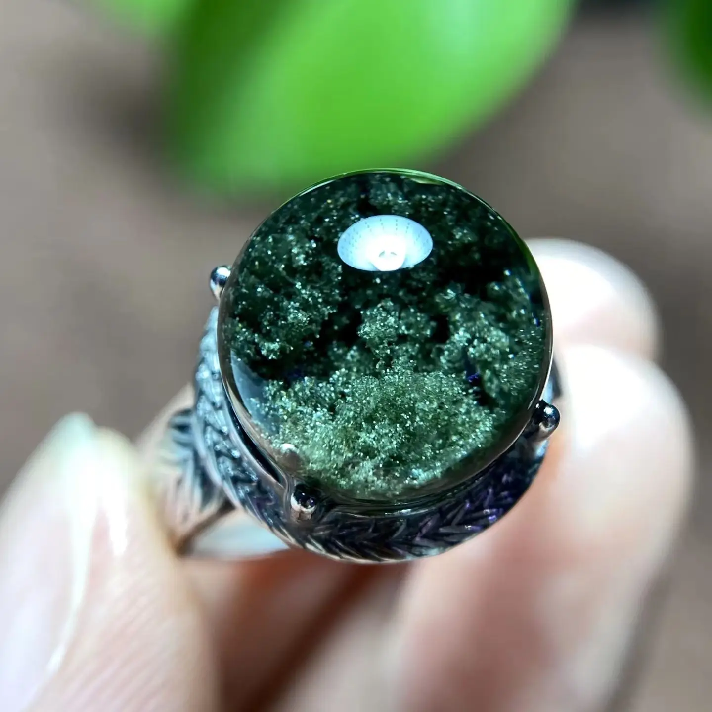 

12mm Natural Green Phantom Quartz Ring For Women Man Luck Gift Silver Healing Crystal Beads Gemstone Jewelry Adjustable Ring