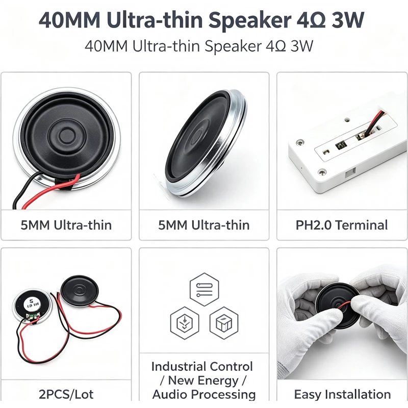 2pcs Ultra-thin Speaker 4 Ohm 3W 4R 40MM Diameter 5MM Thickness Loudspeaker With PH2.0 Terminal Wire 15CM DIY Audio Parts