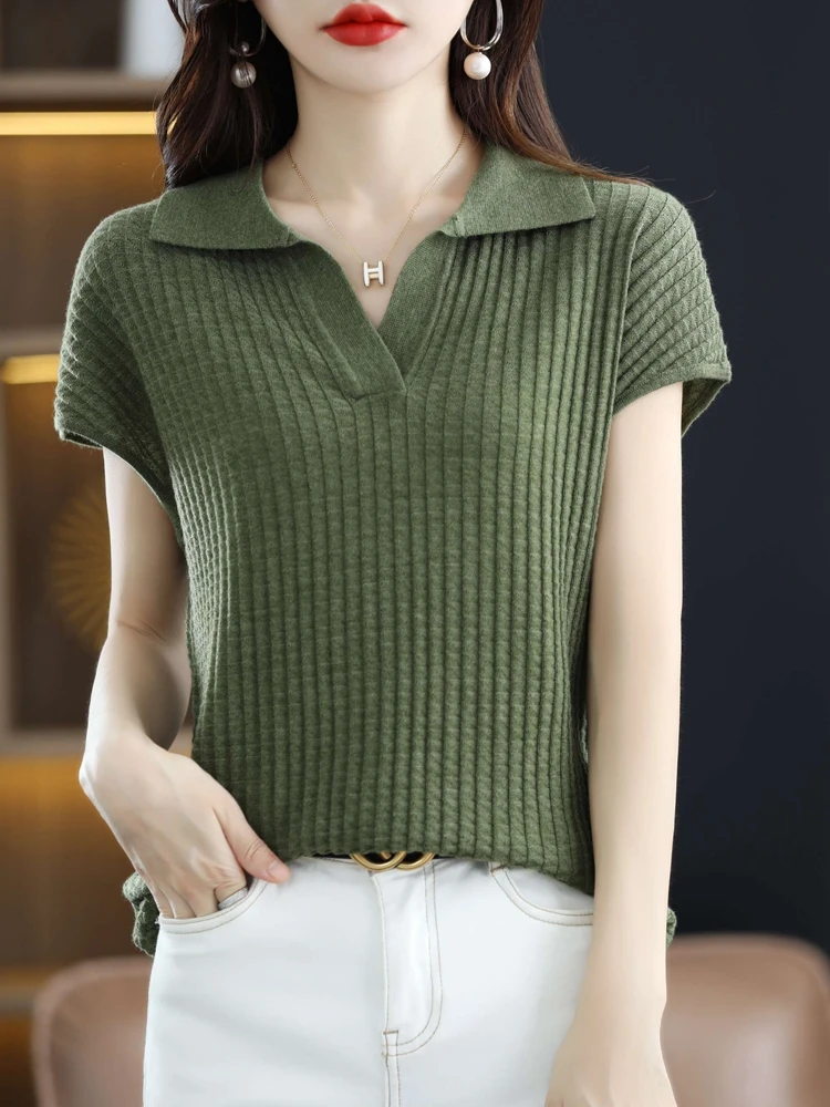 Spring Summer New Short-sleeved Women Sweater T-shirt Polo Collar 100% Pure Wool Waffler Pullover Vest Casual Knitted Base Tops