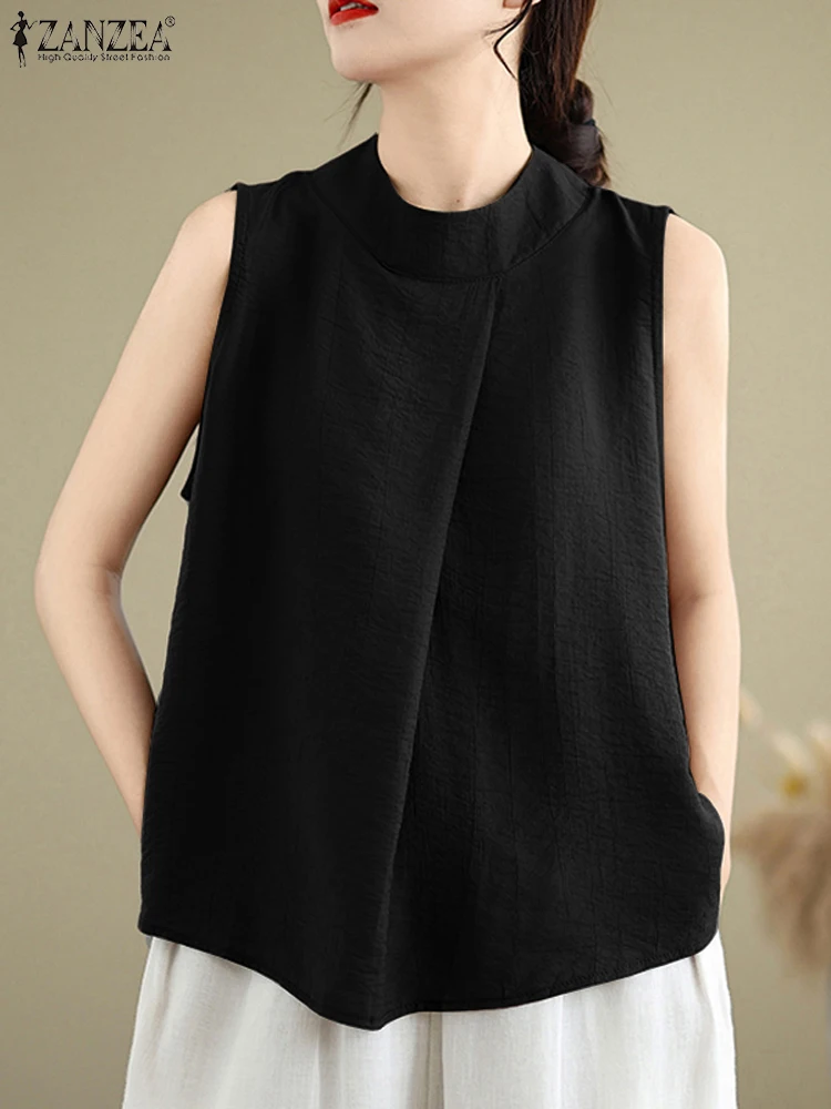 Fashion Women Tanks Tops ZANZEA Summer Sleeveless Solid Blouse Vintage Pleated Work Shirt Camis Female Casual Holiday Tees Mujer