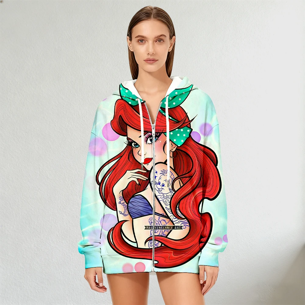 سترة نسائية بغطاء للرأس بسحاب مطبوعة من Disney The Little Mermaid Ariel لخريف وشتاء، أزياء الشارع الشهير للارتداء اليومي