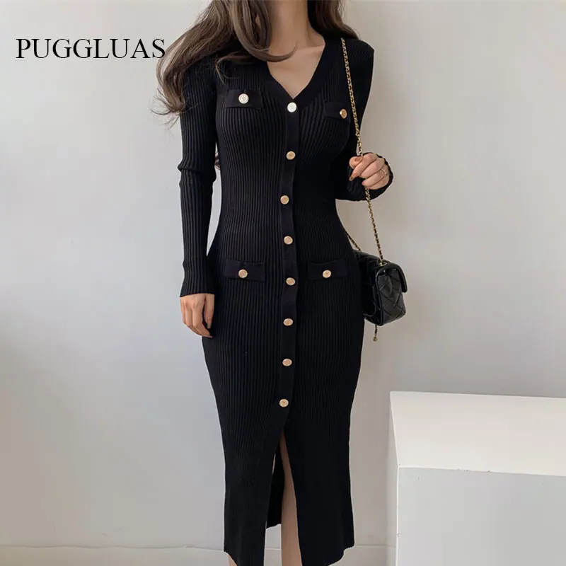 

Autumn Elegant Single-Breasted Casual Pullover Sweater Vestidos Sexy Simple Office Dress Women's V-Neck Bodycon Party Dresses