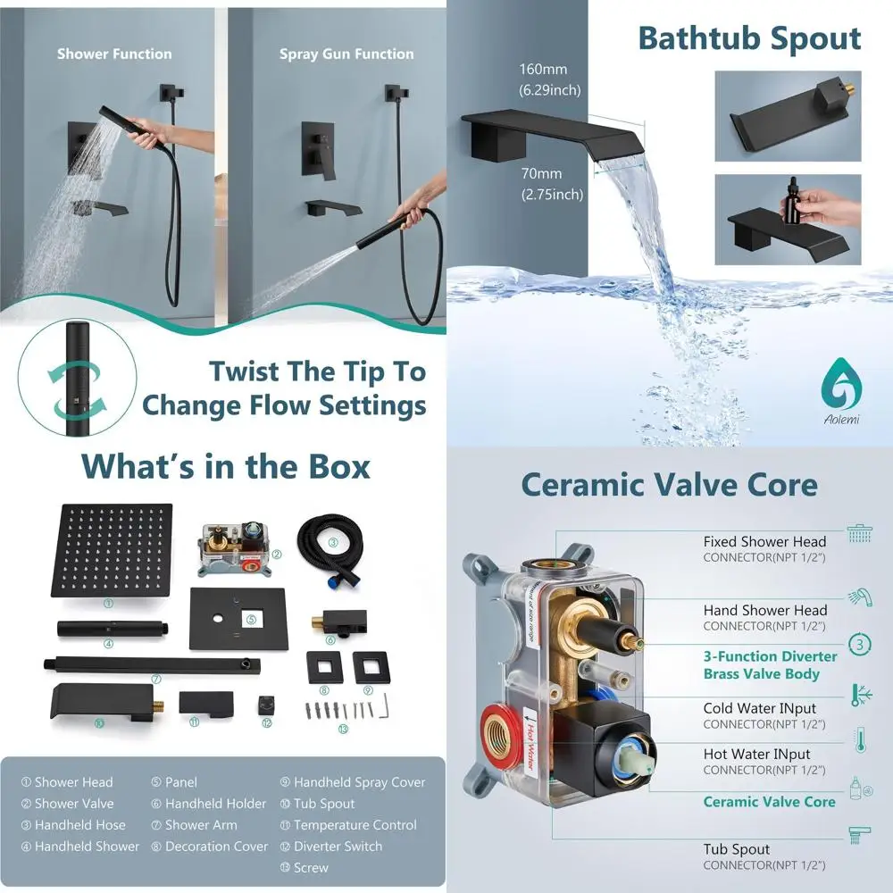 

10 Matte Black Shower System with Wall-Mounted Tub Faucet, Combo Showerhead and 2-in-1 Handheld Sprayer