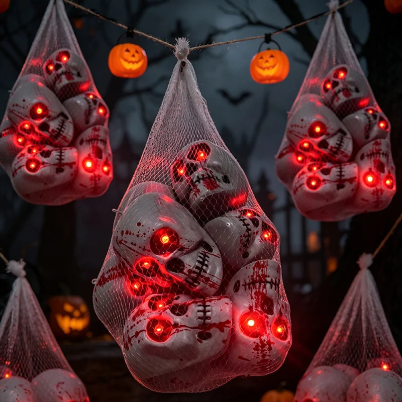Cross-border Halloween horror props: glowing, blood-splattered net bag, skull pendant, for haunted house and escape room scene d