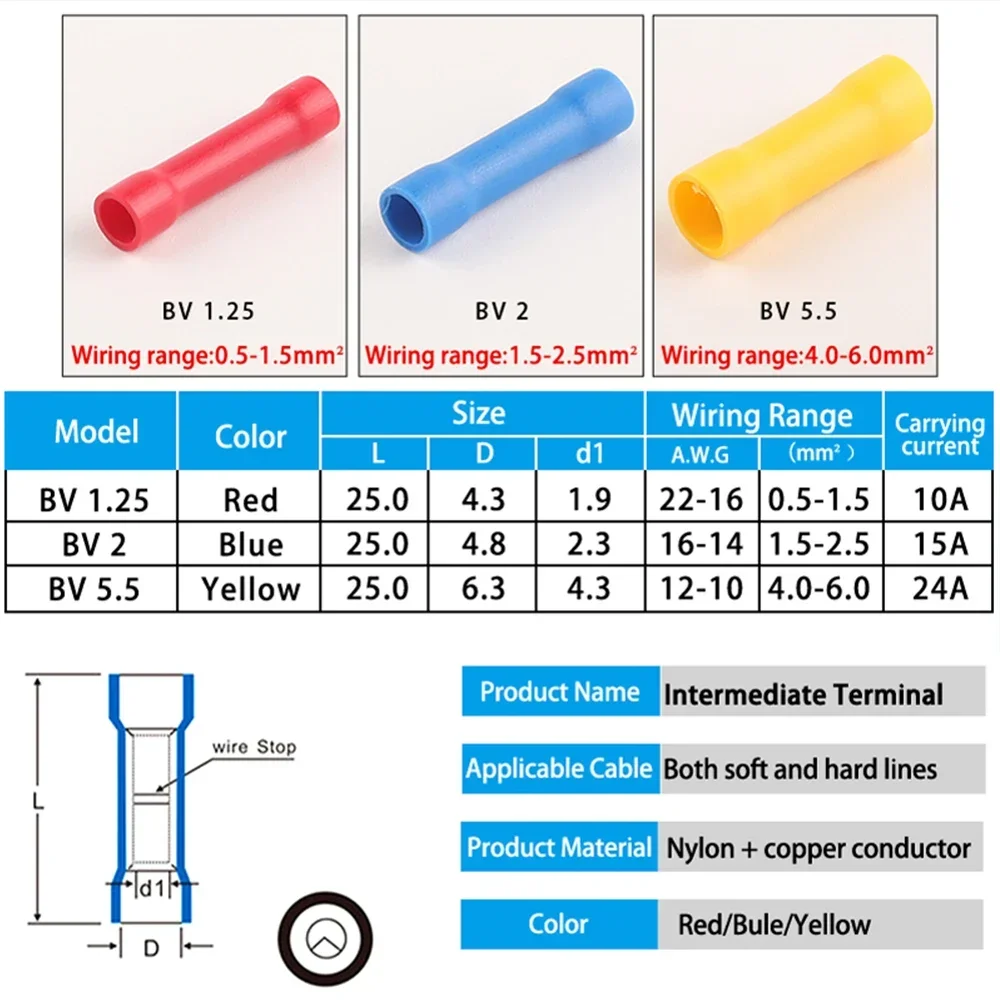 200PCS Full Insulating Crimp Terminals BV1.25 BV2.5 BV5.5 Crimp Electrical Connectors Butt Electrical Wire Splice Terminal