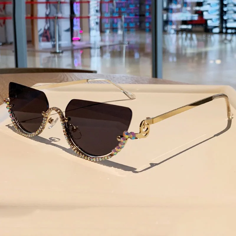 New y2k Vintage Half Frame Cat Eye Sunglasses Women Luxury Brand Designer Sun Glasses Punk Popular Diamond Metal Eyewear UV400