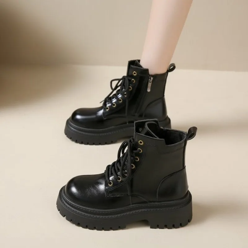 

High Quality Women Boots Fashion High Top Casual Leather Boot Lace Up Platform Boot Punk Style Short Boots for Women Ankle Boots