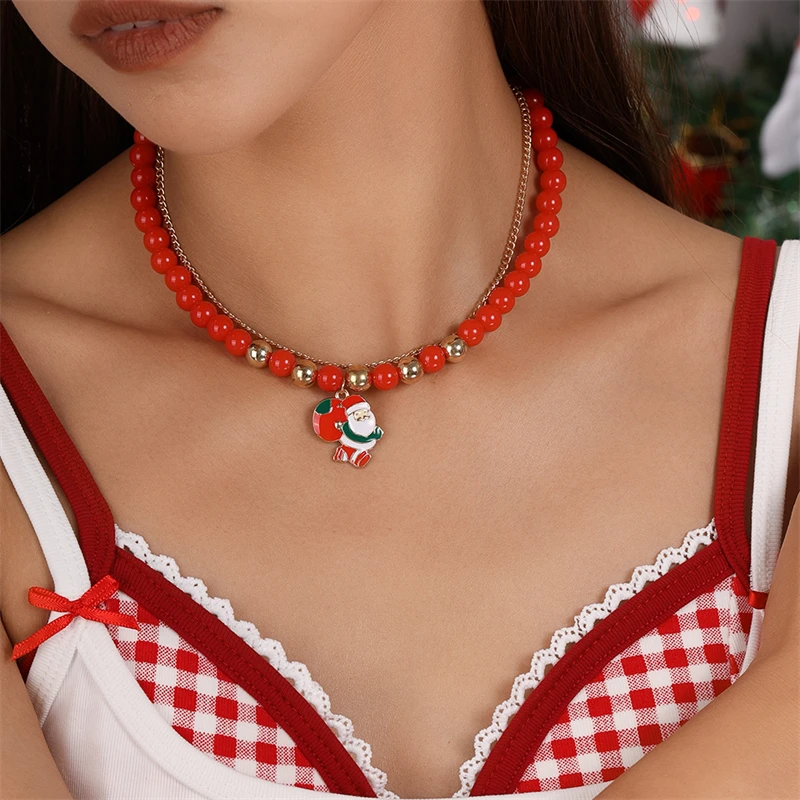 Modische handgefertigte Perlenkette für Damen, Weihnachtsanhänger mit Weihnachtsmann und Weihnachtsbaum, Halsketten für Mädchen, Neujahrsfest-Schmuck, Geschenke – Detail 1
