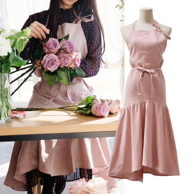 Fashionable Fishtail Apron Countryside Princess Hanging Neck and Waist Floral Work Clothes Women Home Kitchen Cleaning