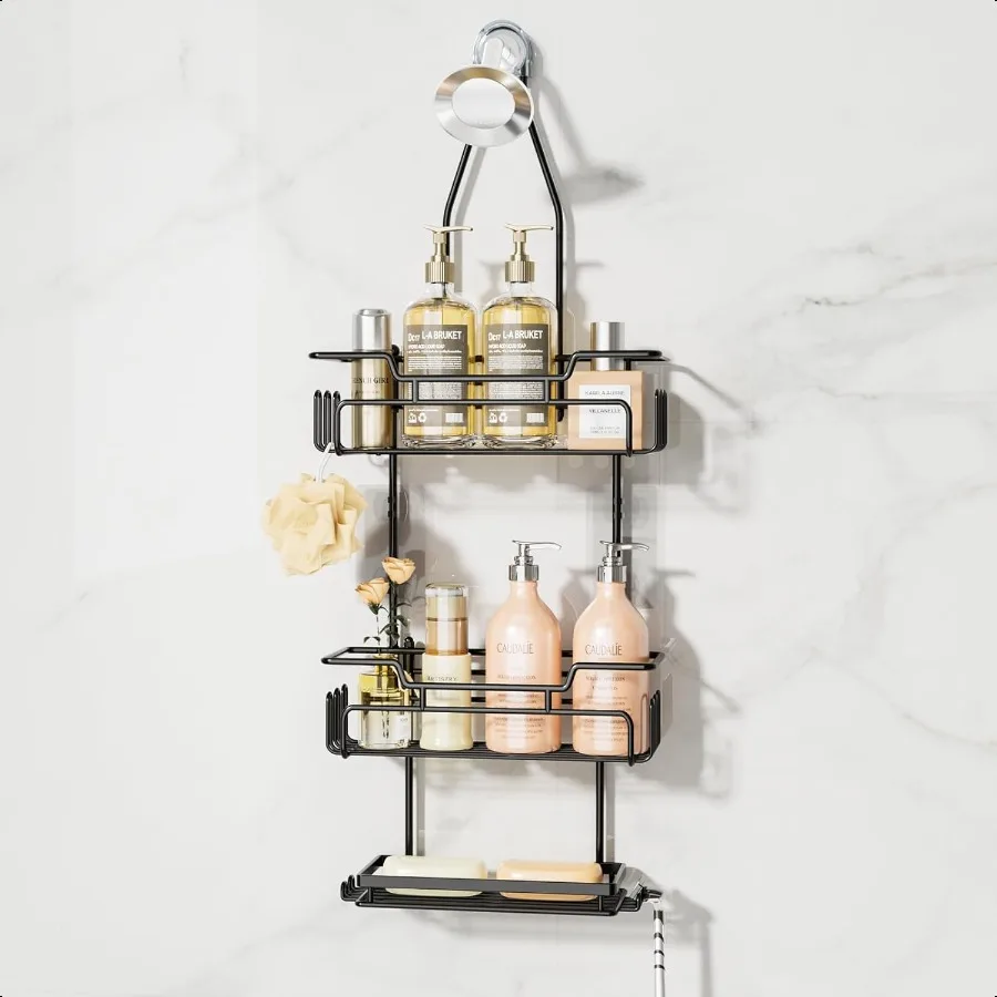 

Bathroom Shower Caddy Hanging 3 Tier Rustproof Over Shower Head Organizer No Drilling Bathroom Shelf with 16 Hooks and Soap Hol