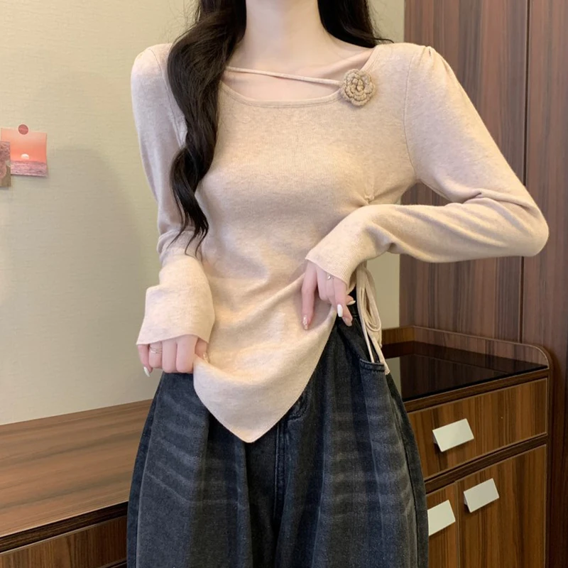 Korean Three-dimensional Flower Long Sleeve Irregular Drawstring Knitted Sweater For Women