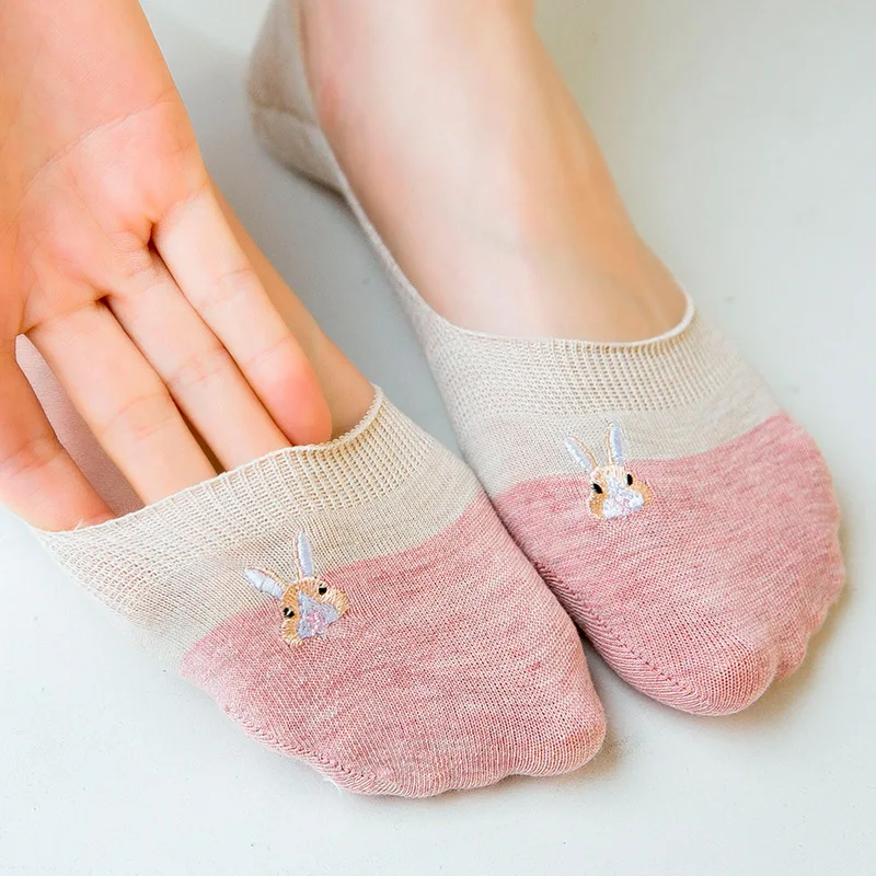 Women Kawaii Embroidered Cartoon Rabbit Invisible Sock Slippers Cute Striped Patchwork Ladies No Show Boat Socks Summer Fashion