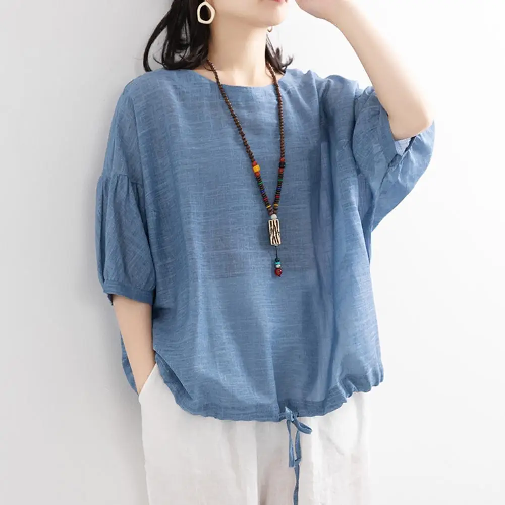 3/4 Batwing Sleeve Women Blouse And Shirt Cotton Linen Shirt O-Neck Loose Sleeve Pullover Tops Solid Color Loose Summer Blouse