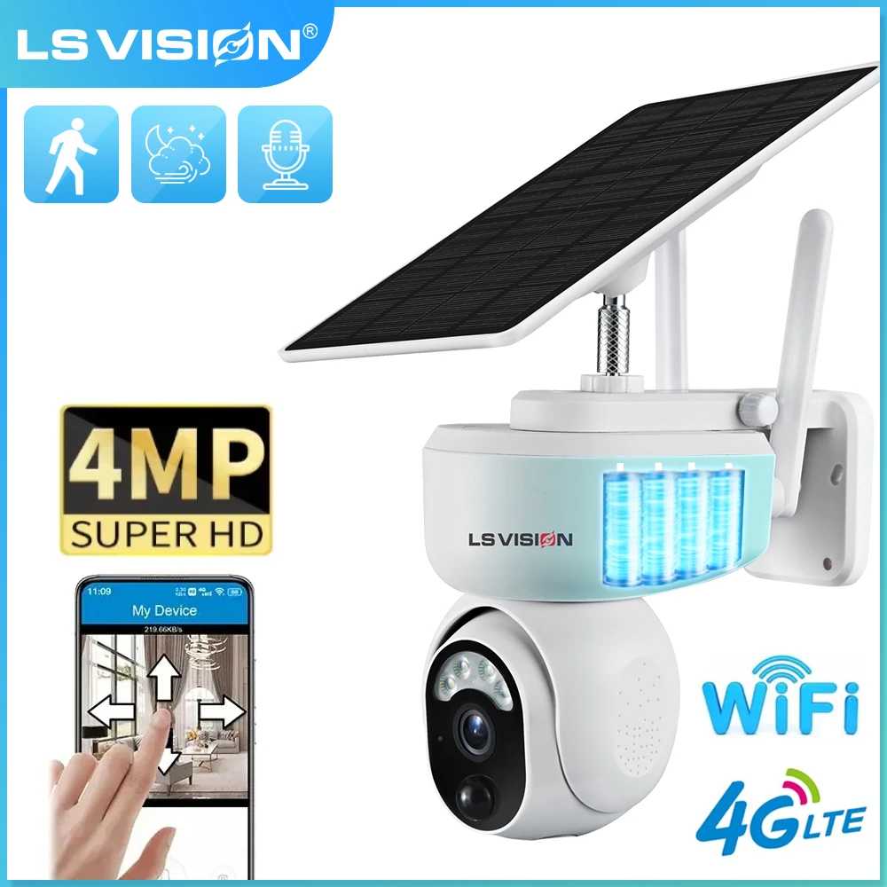 LS VISION 4MP 4G Solar Camera Outdoor Wireless WIFI PTZ  Camera Motion Detection 2-Way Audio Security  Surveillance Cam App Ubox