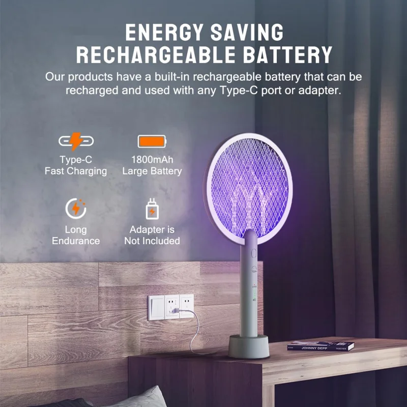 

2 in 1 Rechargeable Bug Zapper Racket with Type C Charging 3 Layer Safety Mesh Mosquito Killer for Indoor Outdoor Pest Control