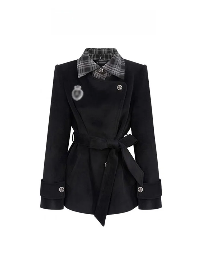 

Bla Woolen Suit Sle Coat for Women Thiened Autumn Winter Plaid ature Two-Piece Trendy Knot Collar Bu...