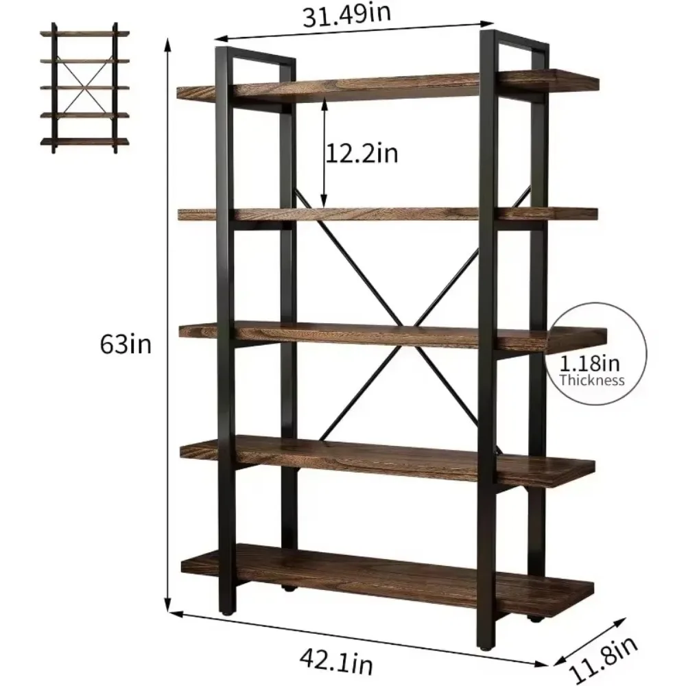 5-Tier Industrial Style Solid Wood Bookcase and Book Shelves,Rustic Wood and Metal Shelving Unit