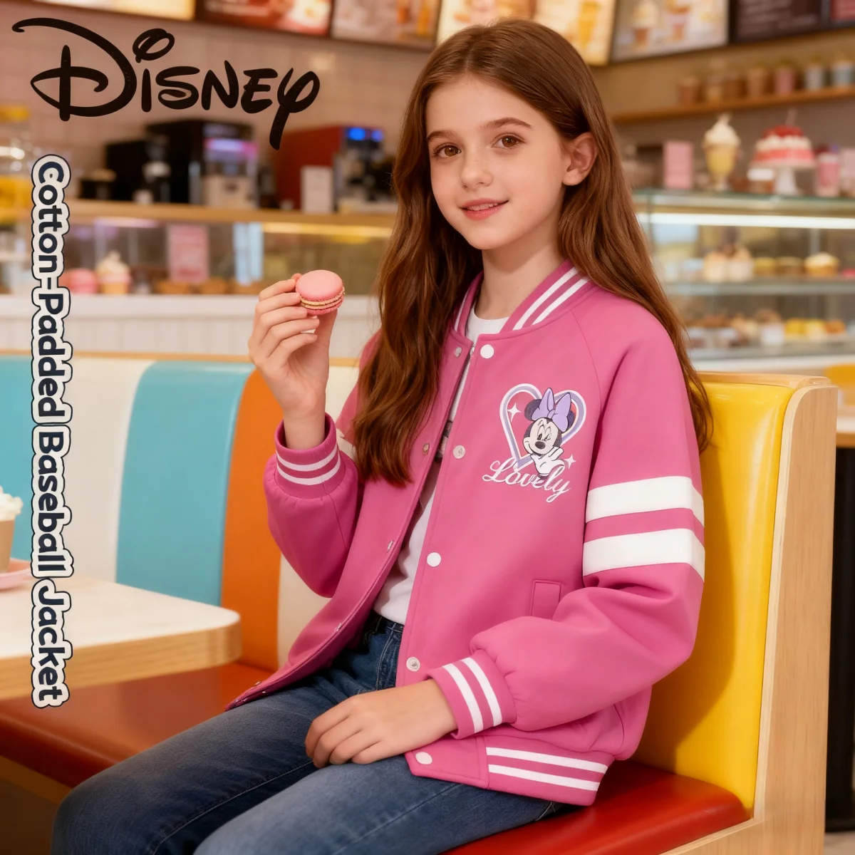 

Disney Kids Autumn Winter Windproof Baseball Jacket Girls Cute Minnie Pattern Outerwear Thickened Warm-keeping Baseball Jacket