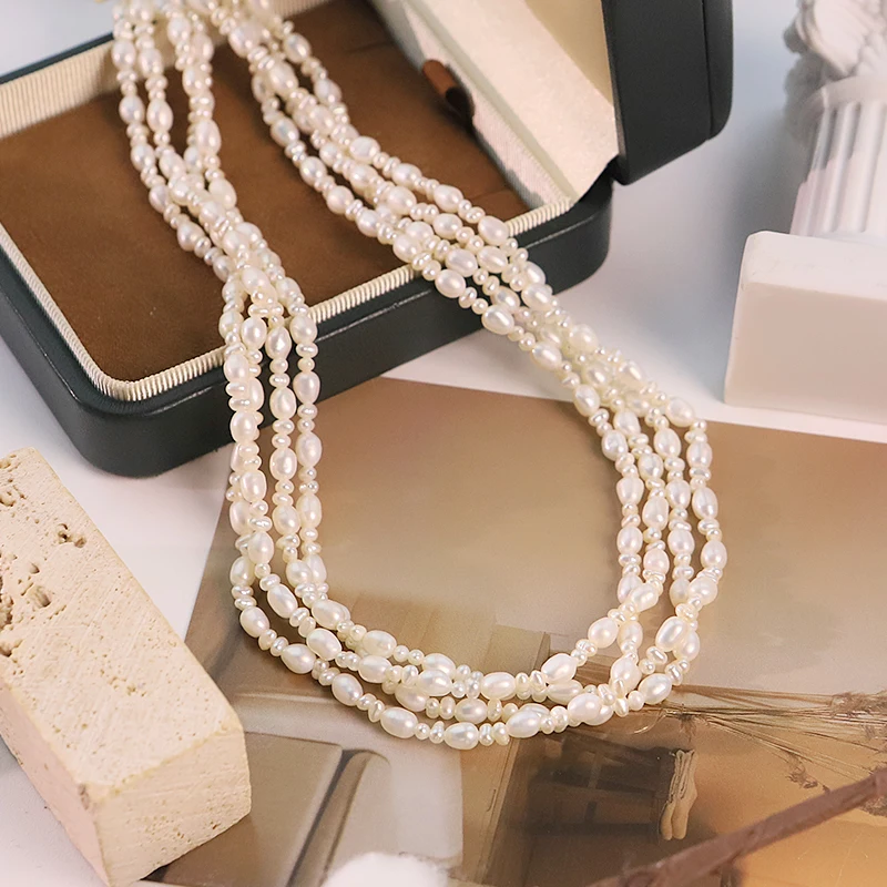 

GLSEEVO Four Layer Natural Freshwater Pearl Necklace for Women Wedding Bridal Pearl Choker Korean Style Minimalist Jewelry