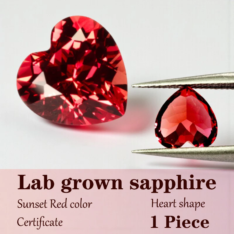 

Сердце огранки закат красного цвета, выращенный в лаборатории сапфир, оптовая продажа для подвесок, сделай сам, усовершенствованные ювелирные кольца, материалы для изготовления с сертификатом